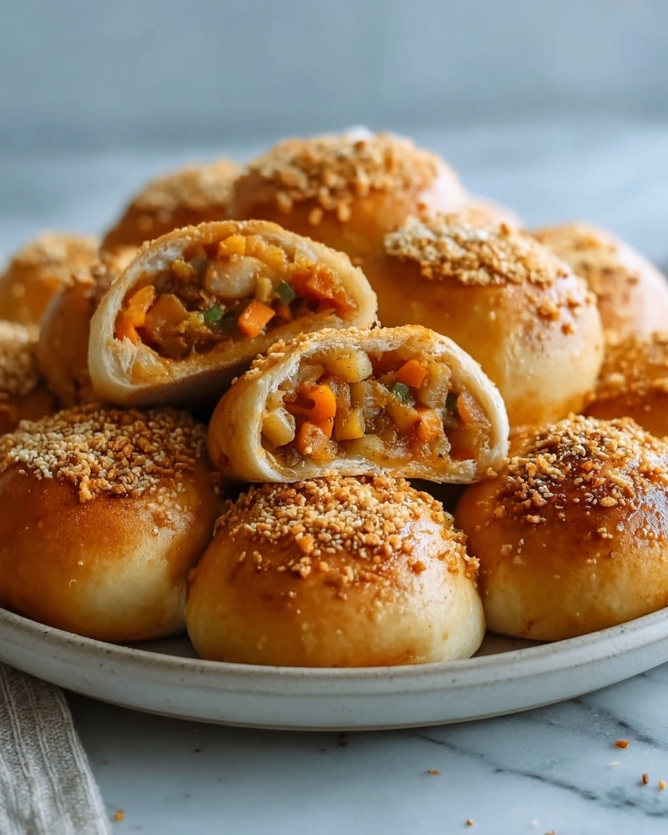 A large white plate filled with a full batch of golden-brown baked buns, generously topped with a textured crispy crust, each bun plump and neatly sealed, arranged to show their round, uniform shape. The buns are stuffed with a chunky vegetable filling including diced carrots and other root vegetables, highlighting the wholesome and hearty nature of the dish. The entire plate is photographed from a 3/4 angle, set against a white marble countertop with natural soft lighting, resembling a high-end food magazine hero shot. photo taken with an iphone --ar 4:5 --v 7