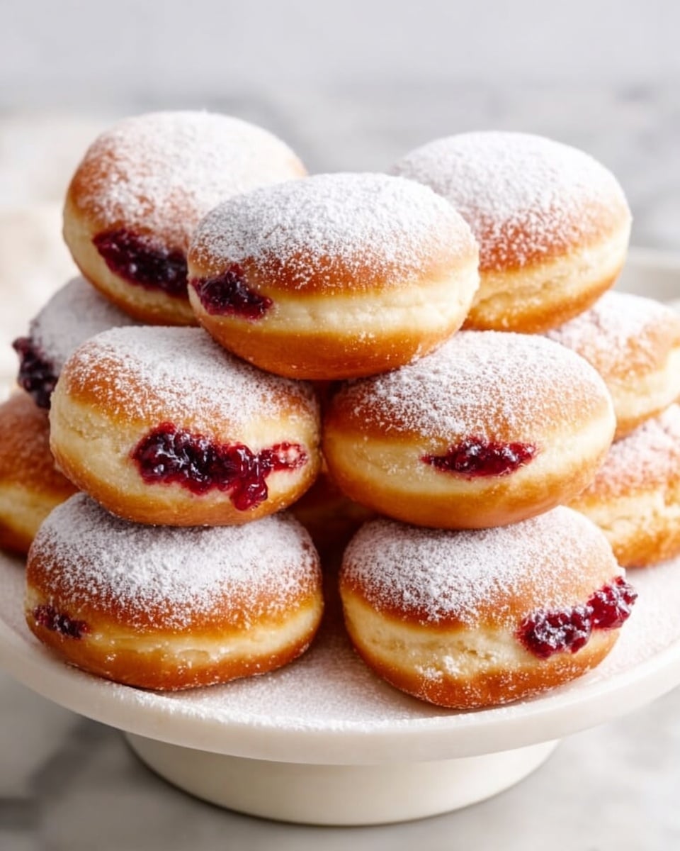 A pristine white round platter showcasing a full dozen of golden, fluffy jelly-filled doughnuts generously dusted with powdered sugar, each doughnut perfectly round and slightly puffed with visible oozing berry jam, neatly stacked in an inviting pyramid formation, captured from a 3/4 angle shot on a white marble surface, bathed in soft natural lighting for a mouthwatering, magazine-quality hero shot, photo taken with an iphone --ar 4:5 --v 7