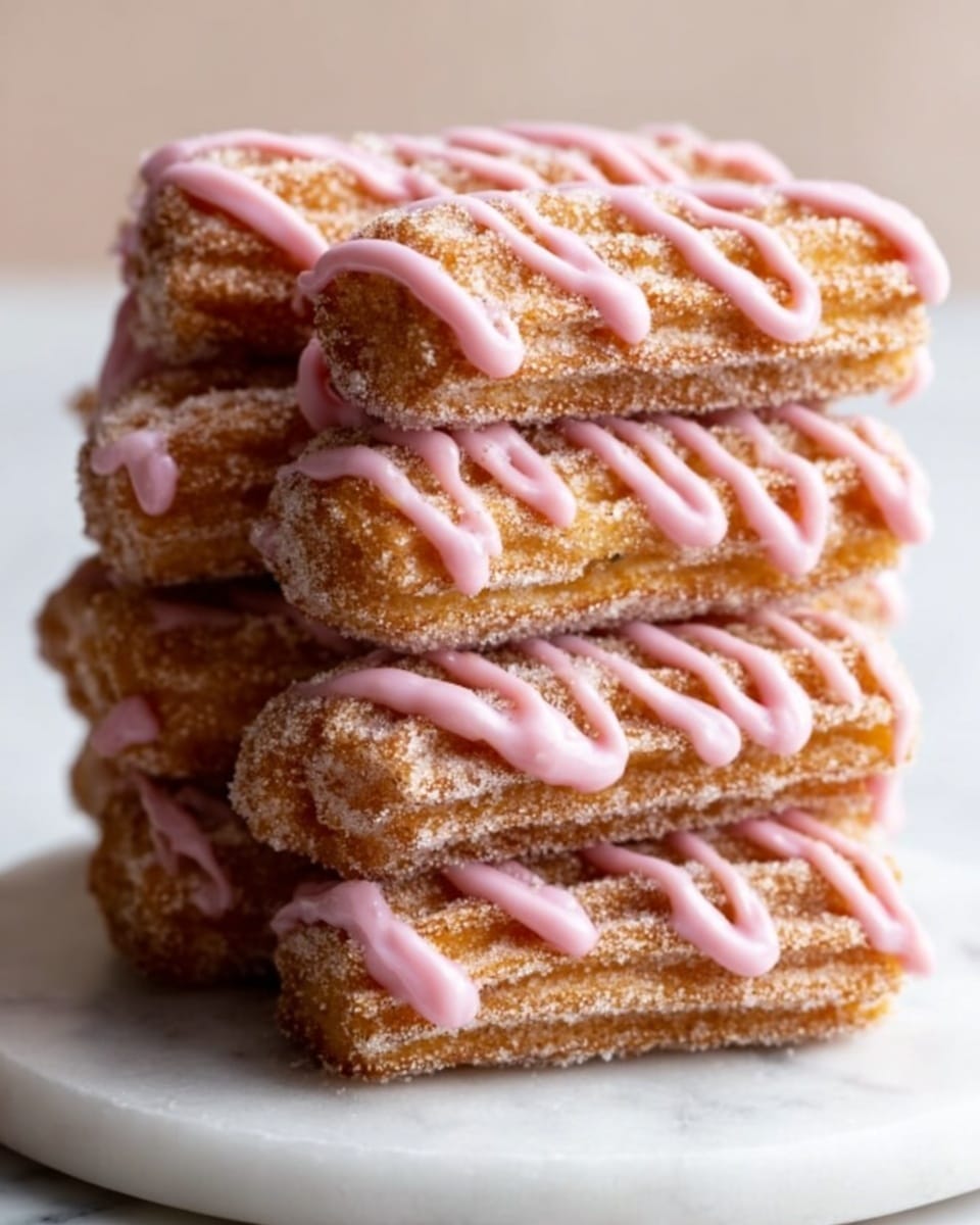 A tall stack of multiple rectangular churros, each coated evenly with cinnamon sugar and drizzled with smooth pink icing on top, arranged neatly to showcase their crisp texture and inviting golden brown color, all presented on a large white plate placed on a white marble countertop, shot from a professional 3/4 angle with natural lighting highlighting the sugary details, styled like a hero food magazine shot, photo taken with an iphone --ar 4:5 --v 7