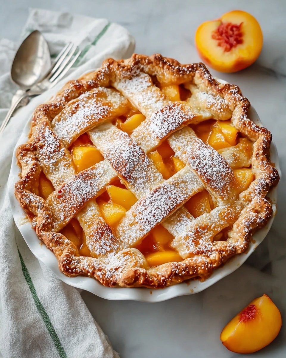 Whole uncut peach pie in a white ceramic pie dish, featuring a golden, flaky lattice crust dusted with powdered sugar, filled with vibrant, juicy peach halves peeking through the lattice, all presented on a white marble countertop with natural lighting, styled like a hero shot from a food magazine, photo taken with an iphone --ar 4:5 --v 7