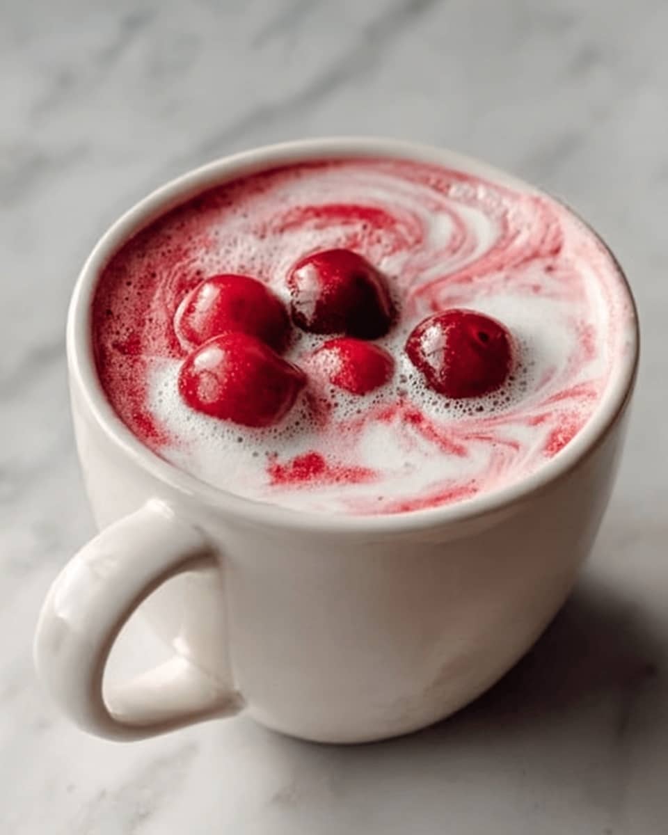 Large white ceramic mug filled with a creamy, frothy hot beverage topped with vibrant red whole cherries and delicate swirls of pink and white foam, placed on a white marble surface, captured in natural light from a 3/4 angle to emphasize the rich texture and inviting warmth of the drink, professional food styling photo taken with an iphone --ar 4:5 --v 7