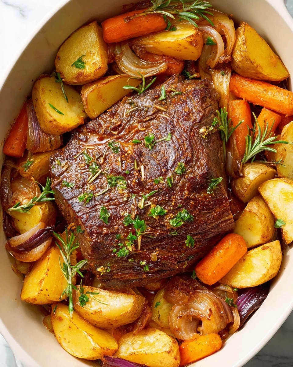 Large white oval baking dish filled with a whole, perfectly roasted beef pot roast surrounded by a generous amount of golden roasted potato wedges, thick carrot chunks, and caramelized onions, all sprinkled with fresh green parsley and rosemary sprigs, dish presented at a 3/4 angle on a white marble countertop with natural lighting, styled as a professional food magazine hero shot, photo taken with an iphone --ar 4:5 --v 7