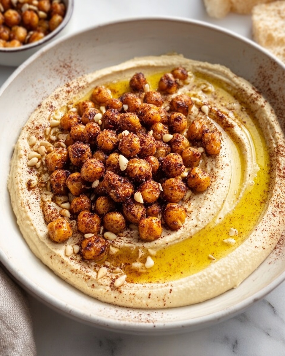 Large white bowl brimming with creamy hummus artfully swirled and topped with a generous mound of roasted chickpeas dusted with smoked paprika and sprinkled with pine nuts, drizzled with golden olive oil that pools invitingly in the hollows, the entire dish presented as a whole serving without any portions missing, shot from a 3/4 angle on a pristine white marble background with soft natural lighting, styled as a stunning hero food magazine photo, photo taken with an iphone --ar 4:5 --v 7