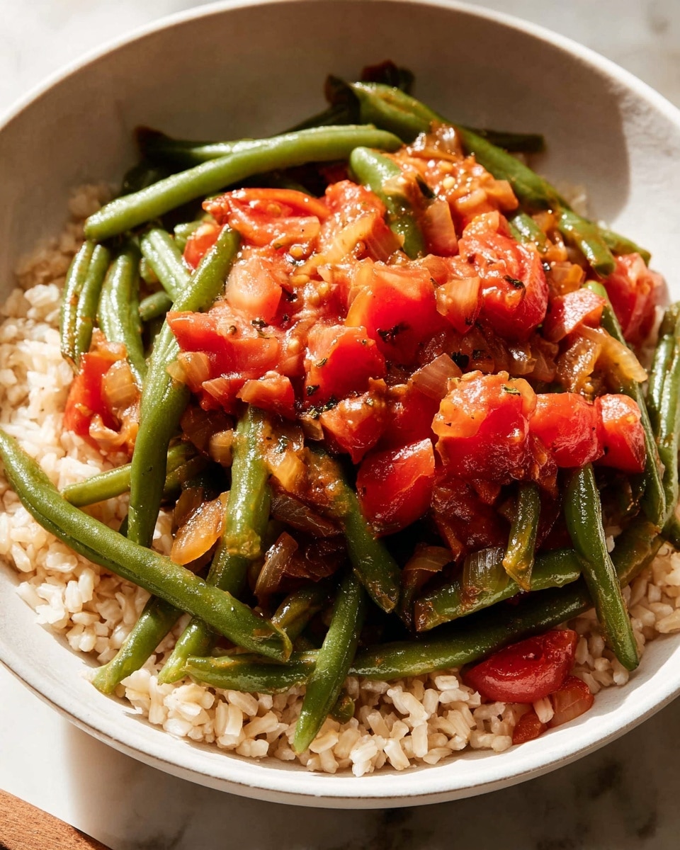 Large white bowl filled with a generous serving of green beans stewed with chunky, vibrant diced tomatoes and sautéed onions, all lightly seasoned with black pepper, arranged over a hearty bed of fluffy brown rice, whole dish photographed from a 3/4 angle on a white marble countertop with natural lighting, professional food magazine hero shot photo taken with an iphone --ar 4:5 --v 7