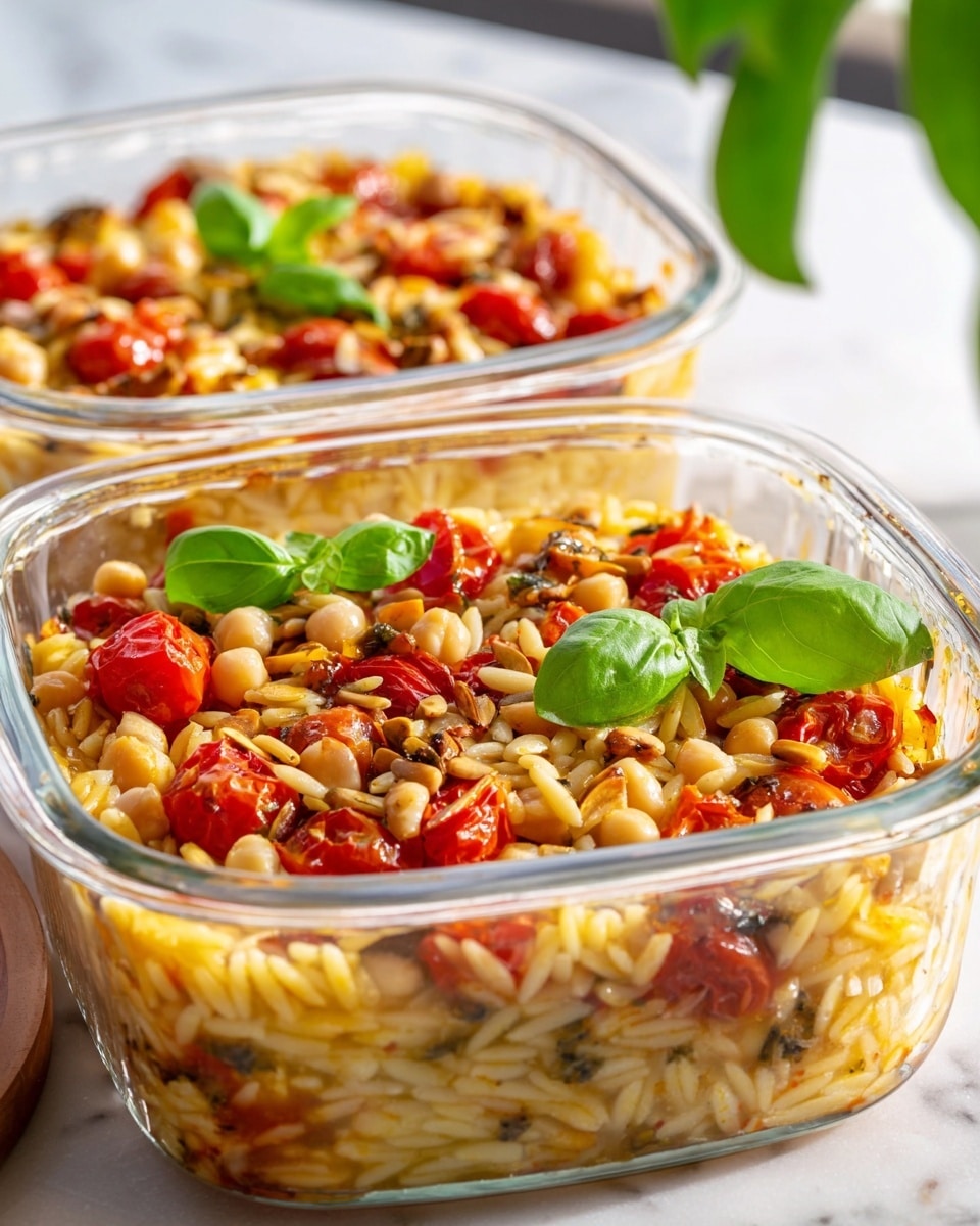 Two large, clear white glass baking dishes filled to the brim with a vibrant baked orzo casserole, bursting with golden roasted cherry tomatoes, tender orzo pasta, creamy chickpeas, and generously sprinkled toasted pine nuts on top, each dish decorated with fresh bright green basil leaves, captured from a professional 3/4 angle on a pristine white marble countertop with soft natural lighting, styled like a hero shot from a food magazine, whole dishes in full frame, photo taken with an iphone --ar 4:5 --v 7