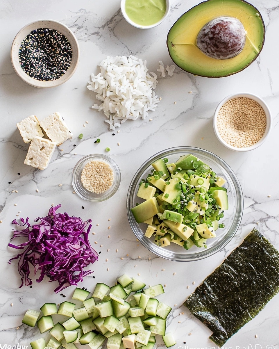 Single white plate featuring one neatly rolled sushi hand roll filled with sticky white rice drizzled with spicy orange sauce, fresh cucumber slices, purple pickled cabbage, and creamy avocado mixture topped with black sesame seeds, close-up angled shot emphasizing the vibrant color contrast and textures of the ingredients, set on a white marble surface with natural lighting, styled as an intimate plated serving photo taken with an iphone --ar 4:5 --v 7