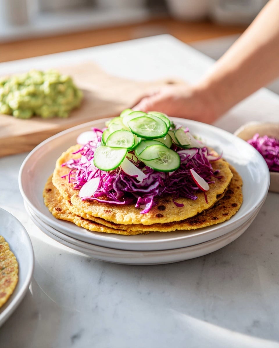 Large white plate stacked with a neat pile of golden crispy chickpea flatbreads, topped with a vibrant layer of creamy mashed avocado, fresh cucumber slices, and a generous mound of shredded purple cabbage, showcasing multiple fully assembled flatbreads arranged together, presented on a white marble countertop with natural lighting, styled like a hero shot from a food magazine, photo taken with an iphone --ar 4:5 --v 7