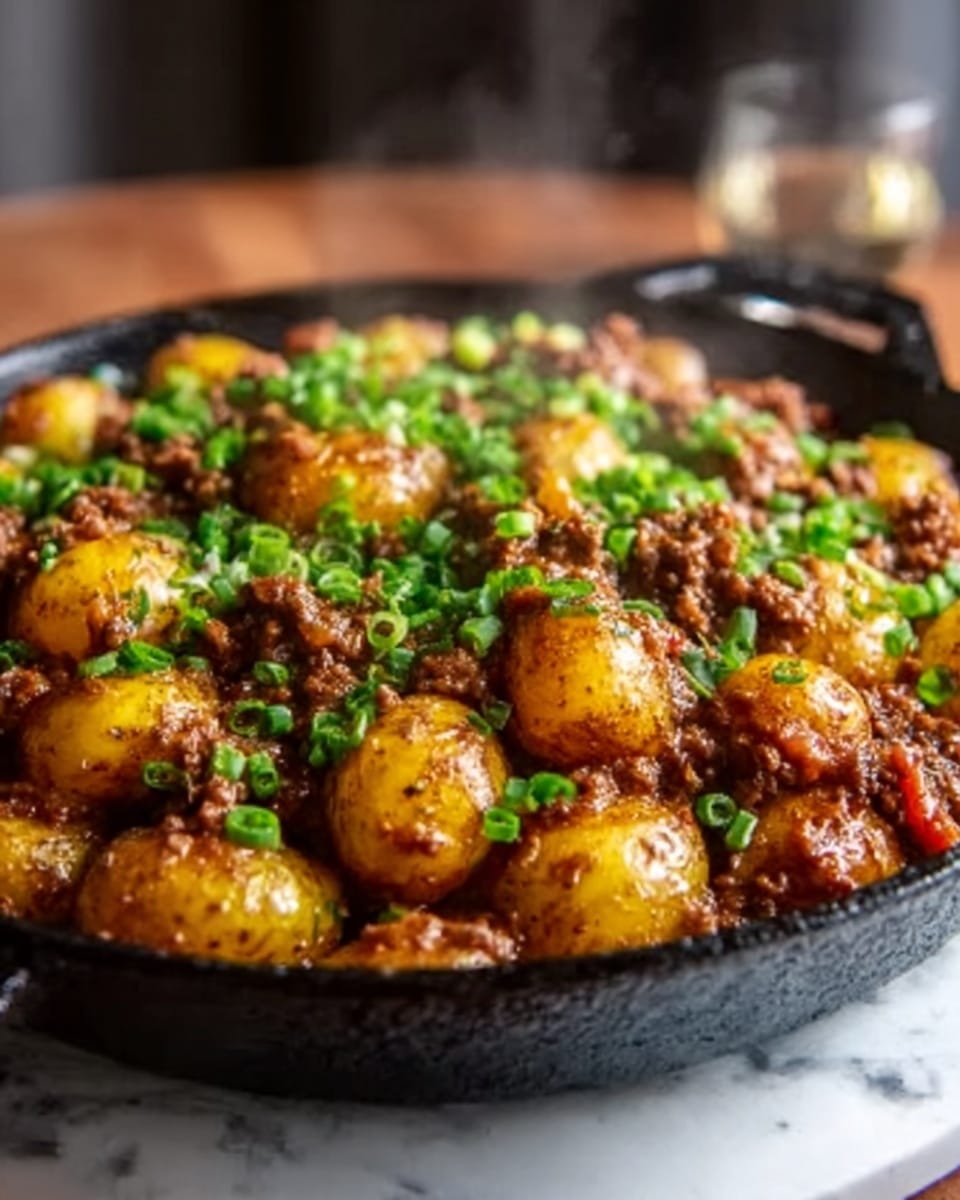 A large black cast iron skillet filled to the brim with whole golden baby potatoes cooked in a rich, savory ground beef and tomato sauce, generously garnished with finely chopped fresh green onions, showcasing the hearty and rustic texture of the dish, with steam gently rising, all photographed from a 3/4 angle to capture the fullness of the skillet against a pristine white marble background under natural lighting, styled as a hero food magazine shot, photo taken with an iphone --ar 4:5 --v 7