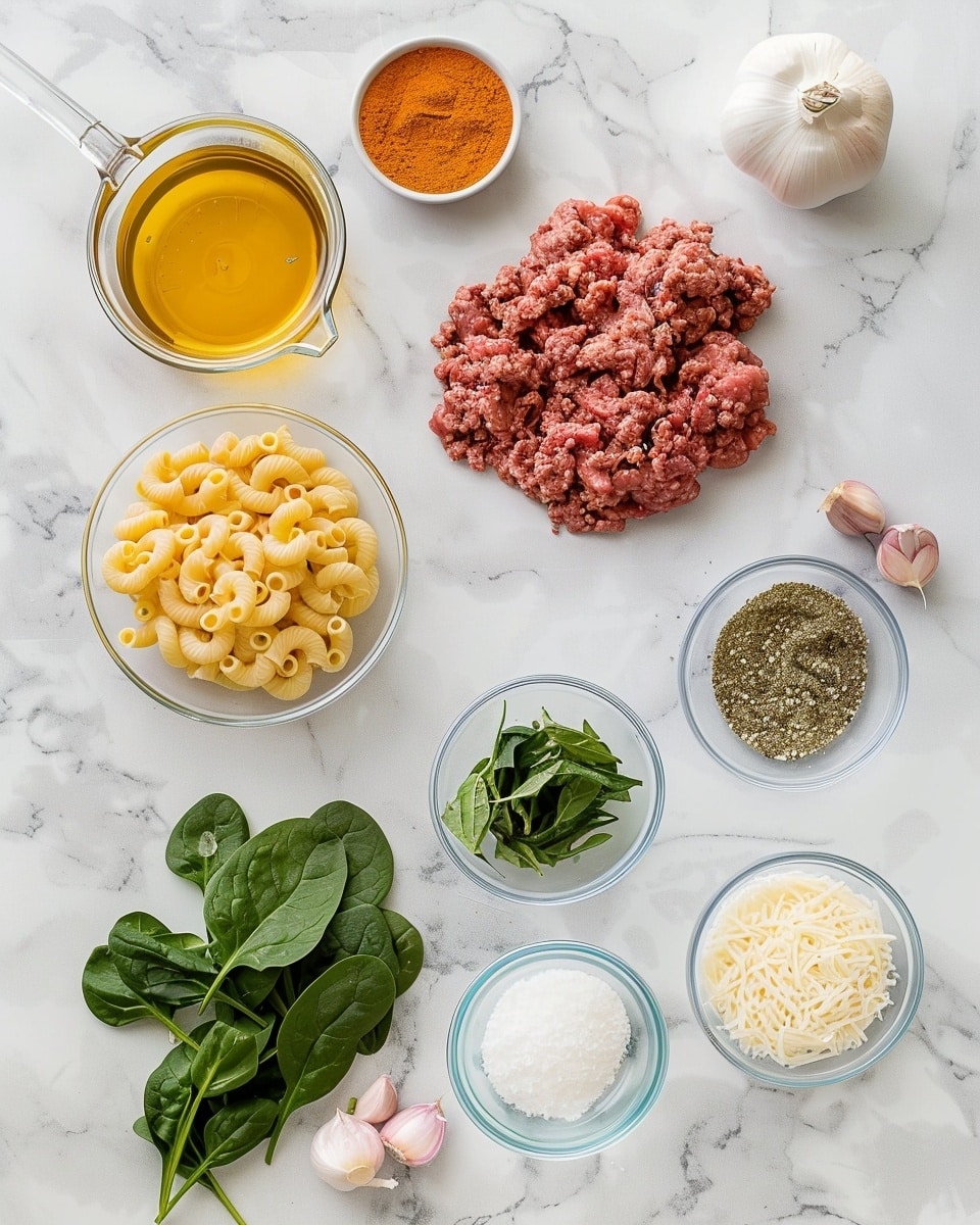 A single white plate showcasing one generous portion of baked macaroni and cheese with Italian sausage and spinach, positioned to highlight the rich layers and creamy, cheesy interior with browned, crispy topping. The sausage pieces and wilted spinach are clearly visible within the textured pasta, topped with melted Parmesan and garnished with fresh basil leaves. The plate sits on a white marble surface with natural lighting, emphasizing warm golden tones and inviting textures, styled like a food blog serving. photo taken with an iphone --ar 4:5 --v 7