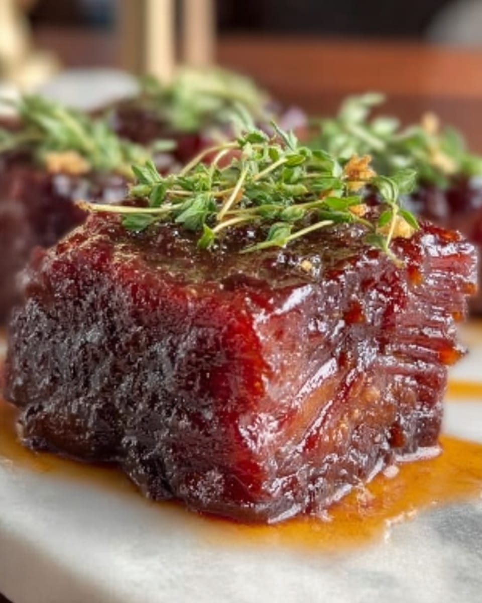 Large white rectangular dish filled with a whole glazed beef brisket, richly coated in a glossy, deep reddish-brown barbecue sauce, topped with fresh thyme sprigs for garnish, the entire brisket showcasing tender layers and caramelized edges, staged on a white marble countertop with natural lighting capturing the glossy texture and savory appeal, professional food styling photo taken with an iphone --ar 4:5 --v 7