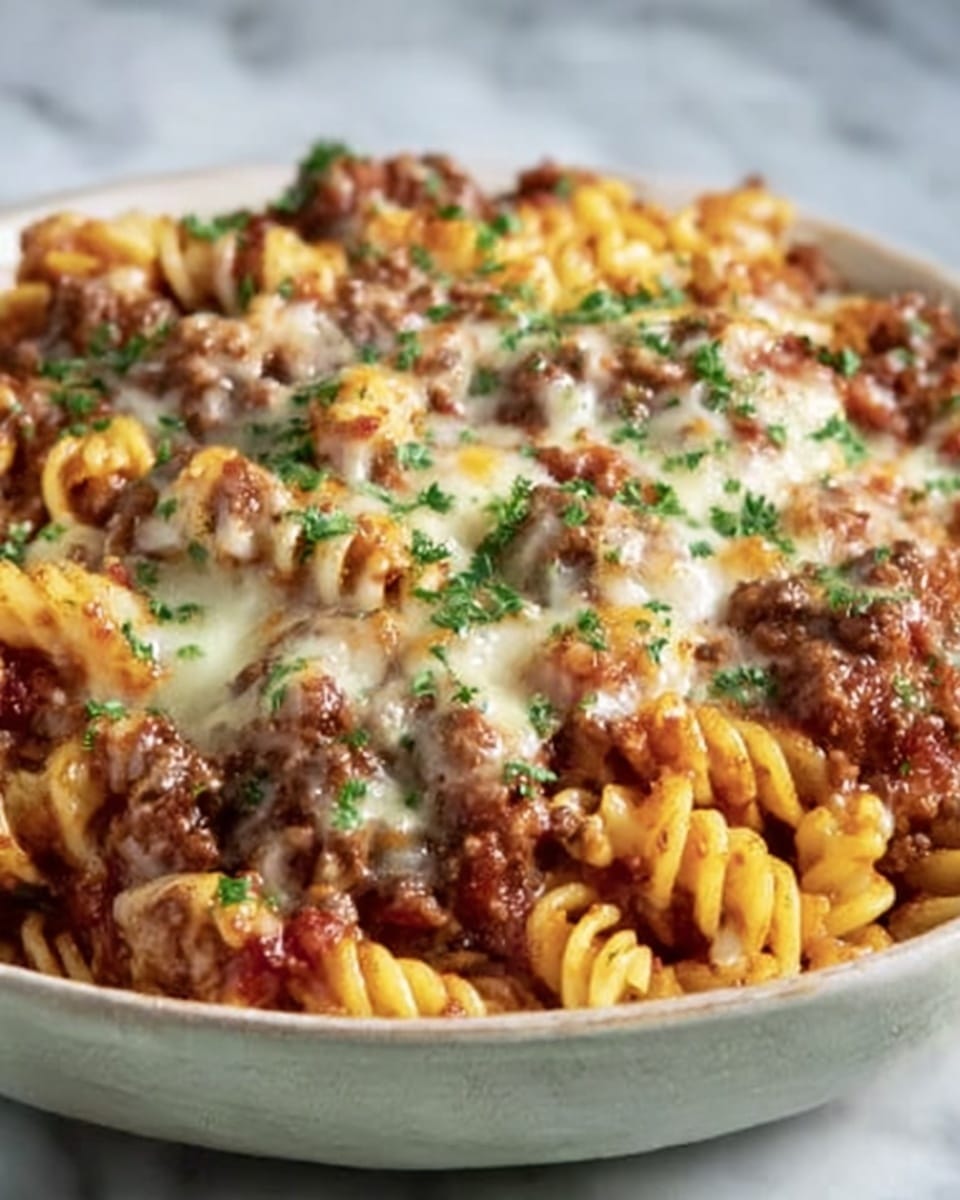 Large white ceramic shallow bowl filled with a generous serving of creamy baked pasta rotini mixed with rich ground beef and tomato sauce, topped with melted golden cheese and sprinkled with fresh chopped parsley, presented as a whole dish with no portions removed, photographed at a 3/4 angle on a white marble surface with natural lighting, styled like a hero shot from a food magazine, photo taken with an iphone --ar 4:5 --v 7