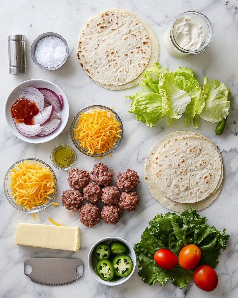 Single white plate holding one plated taco portion with warm, lightly toasted soft tortilla encasing seasoned ground beef topped with melted cheddar cheese, fresh shredded lettuce, diced tomatoes, and sliced pickles, drizzled with a creamy sauce, close-up angled shot revealing the layers and textures inside the taco, garnished with a few scattered diced tomatoes and a pickle slice on the side, placed on white marble surface with natural lighting, styled like a food blog individual serving, photo taken with an iphone --ar 4:5 --v 7