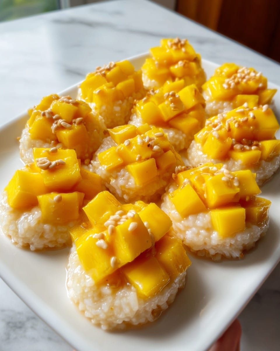A large white platter featuring a neat arrangement of multiple Thai mango sticky rice servings, each consisting of a compact mound of glutinous sticky rice topped generously with perfectly cubed bright yellow ripe mango pieces, drizzled with creamy coconut sauce and sprinkled with toasted mung beans, capturing the vibrant colors and textures of the full dessert presentation, shot from a 3/4 angle with natural lighting against a white marble background, professional food styling, photo taken with an iphone --ar 4:5 --v 7