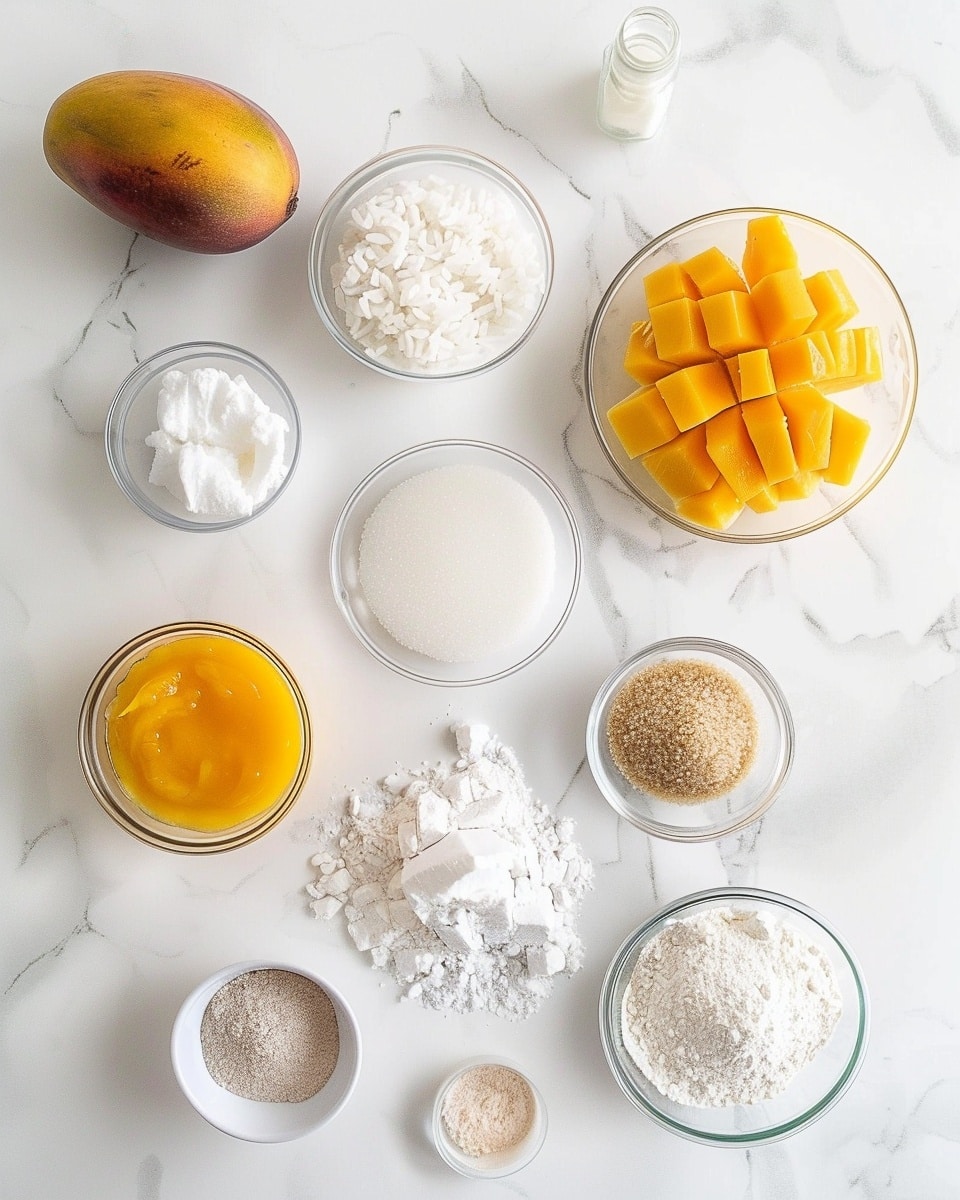 A single white plate featuring one round mango sticky rice cake, showcasing a close-up view that highlights the glossy, translucent sticky rice base topped generously with bright, juicy mango cubes arranged neatly, revealing the soft, slightly translucent texture of the rice with glistening coconut sauce drizzled partially on top, set on a white marble surface with natural light enhancing the vibrant yellow mango and the subtle sheen of the rice, styled as an intimate plated serving ready to eat, photo taken with an iphone --ar 4:5 --v 7