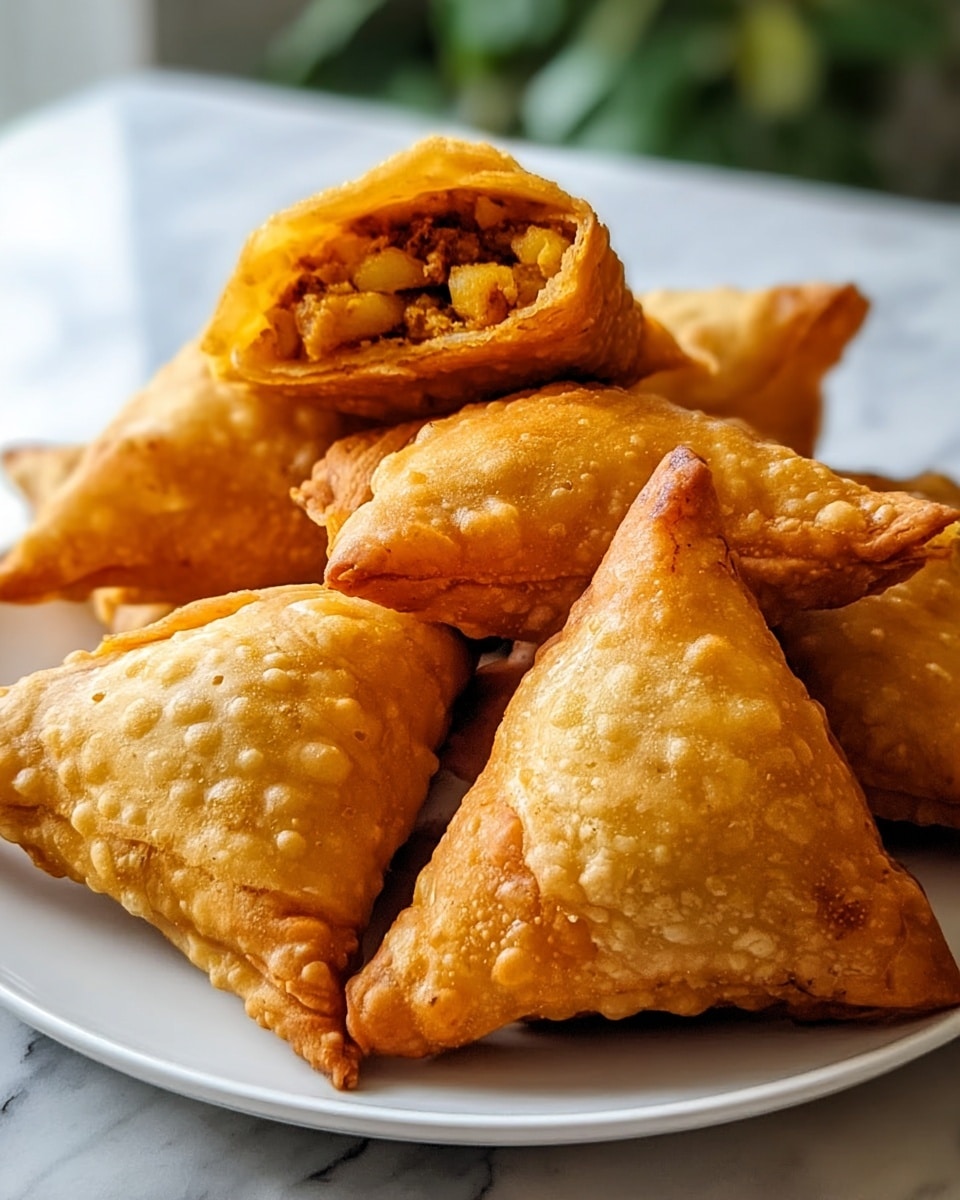 White plate filled with multiple golden, crispy triangular samosas, perfectly puffed and uniformly fried, showcasing a crisp bubbly texture on their surface arranged neatly in a pile, with some samosas slightly overlapping to reveal the spiced potato and minced filling inside, photographed from a 3/4 angle on a white marble countertop with natural lighting, professional food magazine hero shot photo taken with an iphone --ar 4:5 --v 7