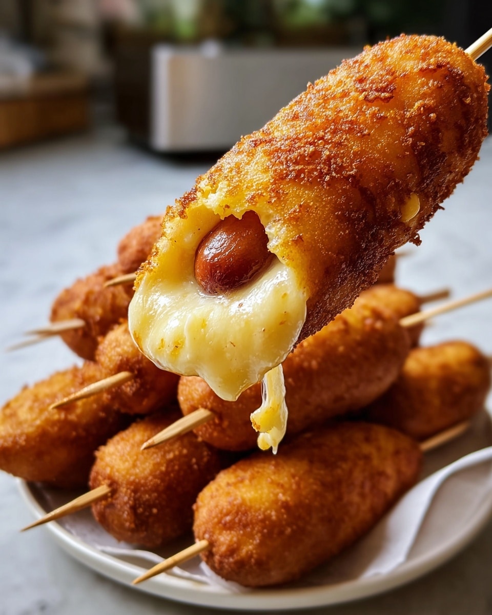 Large white serving platter showcasing an array of whole golden, crispy corn dogs with perfectly fried exteriors, each with melted cheese oozing warmly from the batter coating, the hot dogs intact on wooden sticks, arranged in an appetizing pile on a white marble countertop, natural lighting emphasizing the crunchy texture and cheesy indulgence, professional food styling photo taken with an iphone --ar 4:5 --v 7