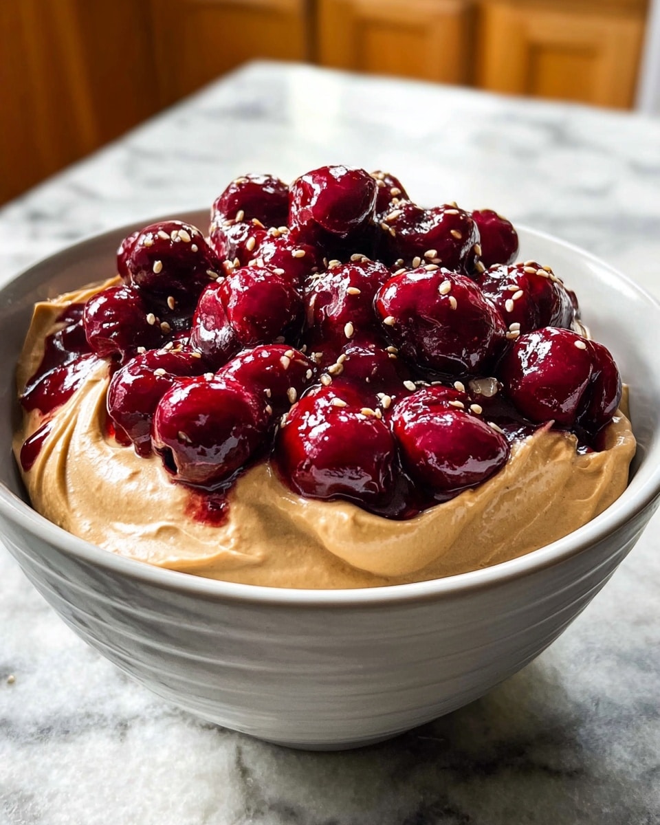 Large white bowl filled with smooth peanut butter mousse topped with a generous heap of glossy, whole cherry compote, the cherries glistening vibrantly under natural light, photographed at a 3/4 angle showing the full serving on a white marble background, styled like a compelling hero shot from a food magazine, photo taken with an iphone --ar 4:5 --v 7