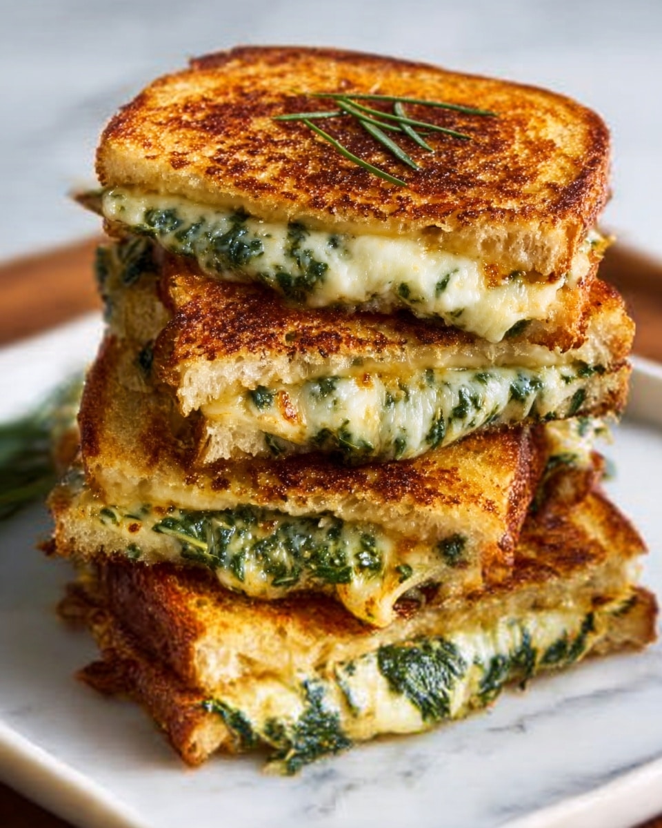 A large white rectangular plate showcasing an entire batch of golden-brown grilled cheese sandwiches stacked neatly, each sandwich generously filled with melted cheese and finely chopped spinach, the crispy crusts perfectly toasted with a shiny, buttery finish, arranged as a complete, whole presentation with no slices removed, styled on a white marble surface under natural light, capturing the rich textures and appetizing melty cheese in a professional food magazine hero shot, photo taken with an iphone --ar 4:5 --v 7