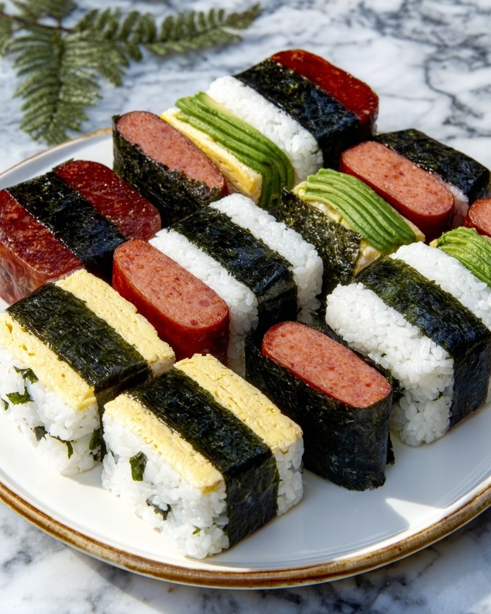 A large white serving platter artfully arranged with an assortment of traditional musubi, each featuring a thick slice of glossy grilled Spam atop a perfect rectangular block of white rice, some topped with neatly folded tamagoyaki (Japanese omelette), others layered with fresh green avocado slices, all securely wrapped with crisp black nori seaweed bands, presented as a full, complete set of musubi pieces, shot from a 3/4 angle on a white marble countertop with natural lighting, styled like a hero food magazine photograph, photo taken with an iphone --ar 4:5 --v 7