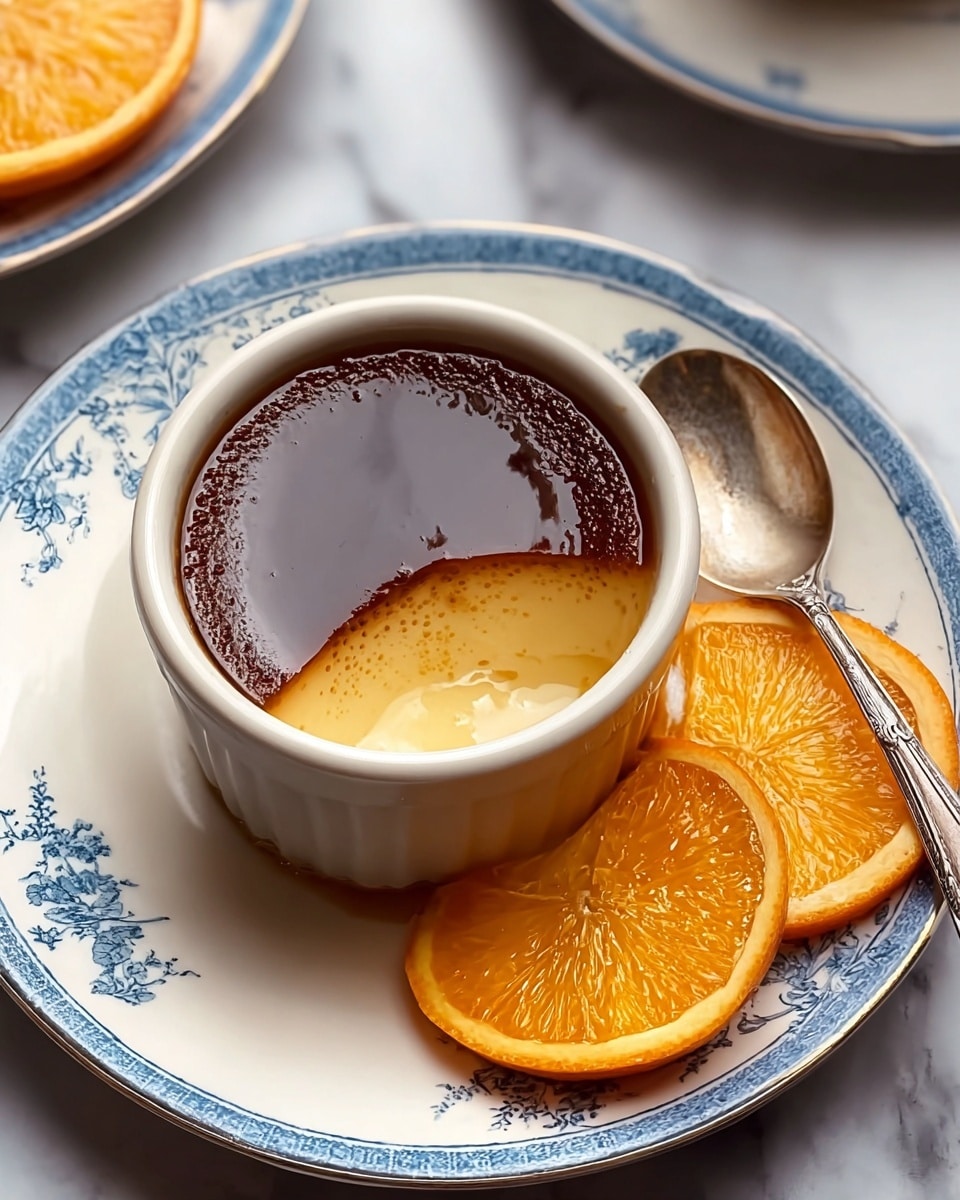 A large white serving bowl filled with rich, smooth chocolate custard topped evenly with glossy, molten caramel, garnished with fresh orange slices arranged artfully around the bowl, whole dessert presented on a white marble countertop, captured in natural lighting with a professional food styling approach, photo taken with an iphone --ar 4:5 --v 7