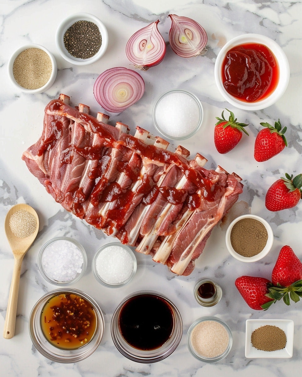 Single white plate featuring a generous portion of glazed barbecue pork ribs with rich, sticky sauce dripping down the tender, smoky meat that is visible in layers between the bones, accompanied by fresh whole and halved strawberries adding a bright contrast, close-up angled shot revealing juicy interior texture and glossy exterior, set on a white marble surface with natural light, styled as a ready-to-eat plated serving, photo taken with an iphone --ar 4:5 --v 7