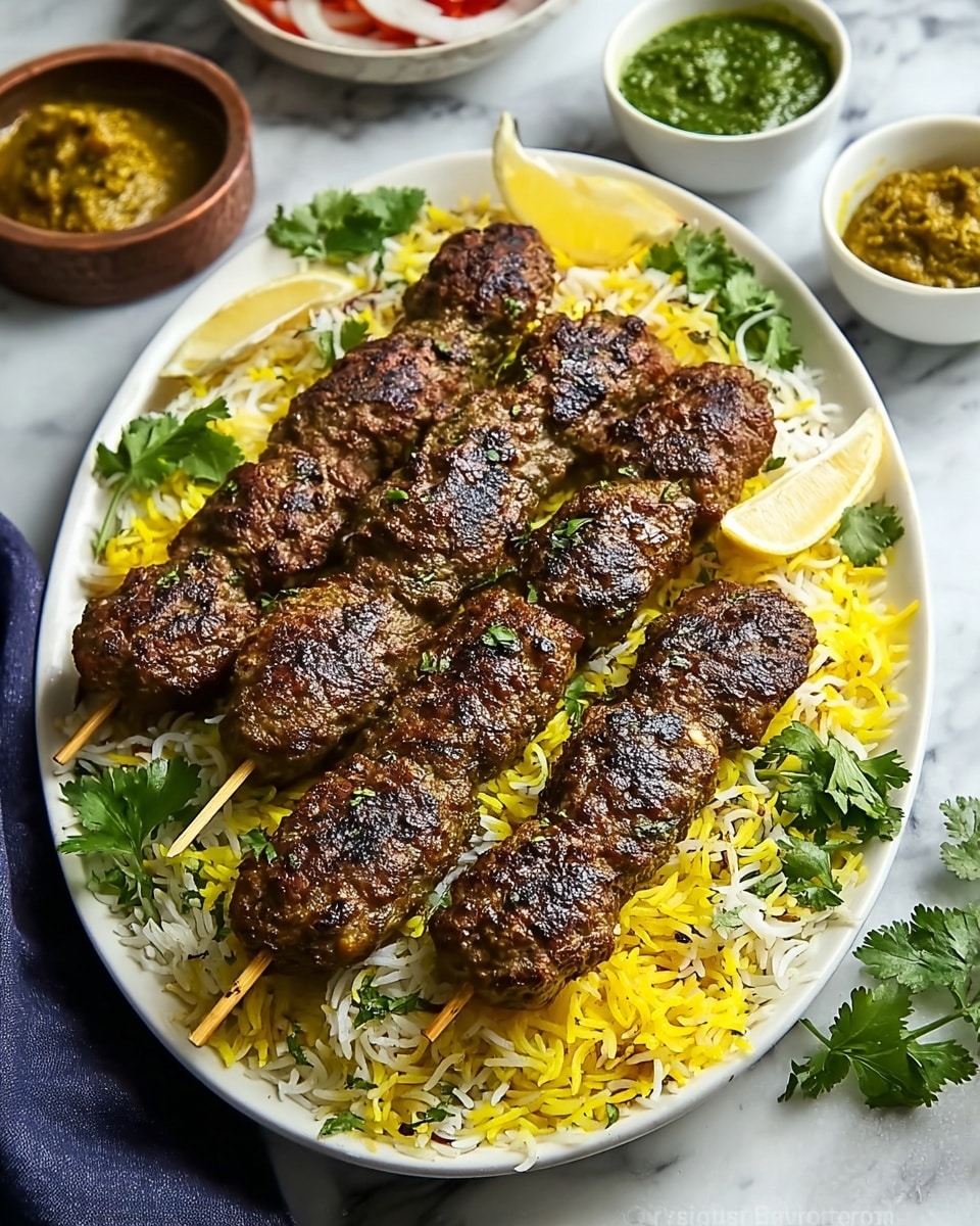 Large white oval platter featuring a full serving of grilled kofta kebabs, arranged side by side on a bed of fluffy saffron-infused basmati rice, garnished with fresh cilantro leaves and lemon wedges, accompanied by small white bowls of bright green herb chutney and golden mustard sauce in the background, captured in natural lighting on a white marble surface, professional food magazine hero shot, photo taken with an iphone --ar 4:5 --v 7