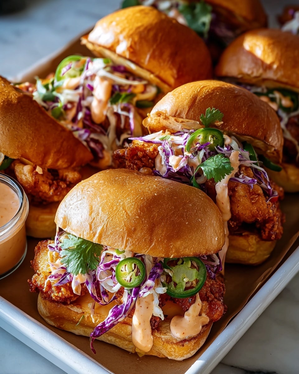 A large white serving tray filled with multiple crispy fried chicken sandwiches, each topped with crunchy purple cabbage slaw, fresh cilantro, jalapeño slices, and drizzled with creamy spicy aioli sauce, all nestled inside shiny golden brioche buns, whole dish perfectly arranged and photographed from a 3/4 angle on a white marble surface with natural lighting, professional food magazine hero shot photo taken with an iphone --ar 4:5 --v 7