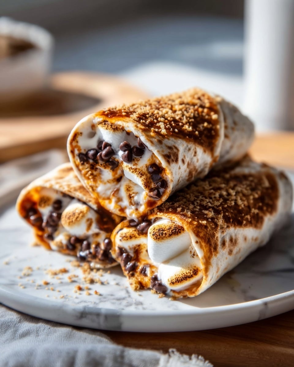 A large white rectangular serving platter piled high with multiple whole toasted s'mores burritos, each burrito fully wrapped and filled with melted chocolate chunks and fluffy toasted marshmallows visible through slight cracks in the golden brown tortilla, the stack accentuating the gooey, rich texture inside, all set on a white marble countertop with natural sunlight highlighting the textures and colors, styled as a hero shot for a food magazine. Photo taken with an iphone --ar 4:5 --v 7