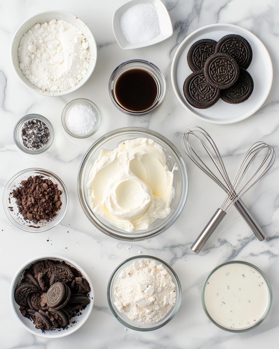 Single white plate showcasing a thick slice of layered cookies and cream dessert, featuring distinct layers of crushed chocolate cookies and creamy white filling, close-up angle capturing the textured cookie crumbs on top and rich interior layers, natural lighting highlights the moist, soft creamy texture contrasted with the dark, crumbly cookie base, simple white marble background, styled and intimate plated serving photo taken with an iphone --ar 4:5 --v 7