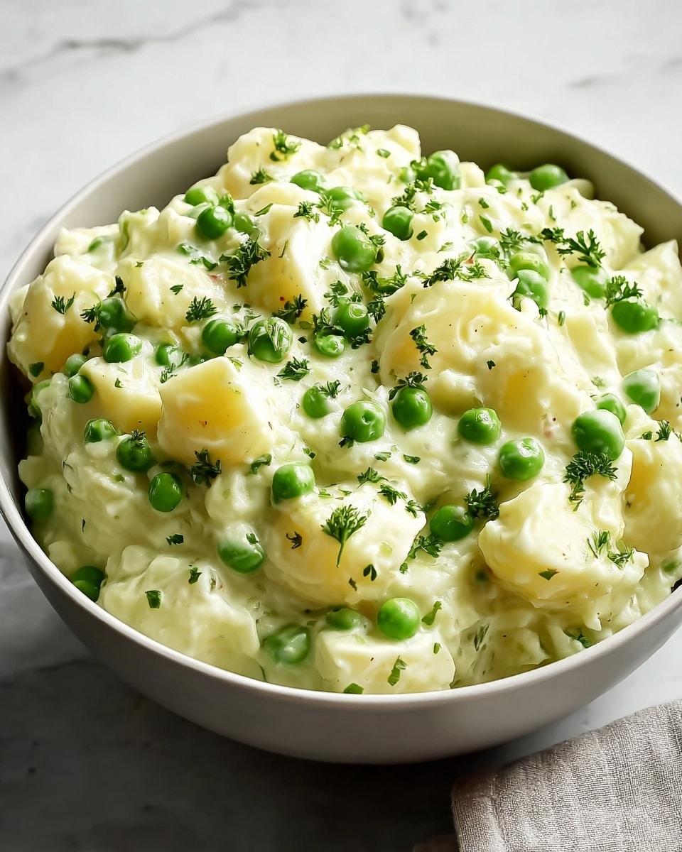 Large white ceramic bowl filled with creamy homemade potato salad mixed with tender green peas and sprinkled with fresh chopped parsley, showcasing chunky potato pieces enveloped in a smooth, rich dressing, whole dish photographed from a 3/4 angle on a white marble countertop with natural lighting, styled like a hero shot from a food magazine, photo taken with an iphone --ar 4:5 --v 7