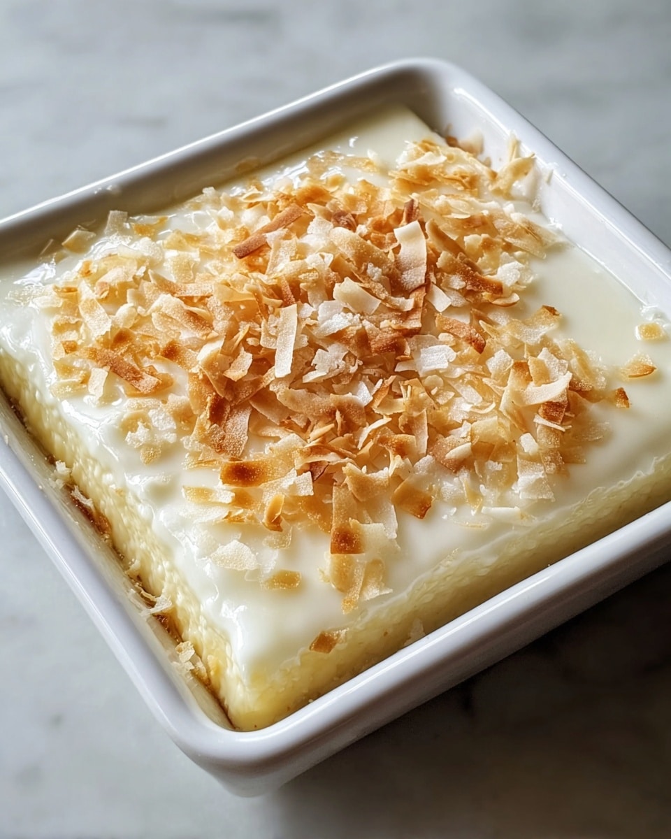 Full square baking dish filled with a creamy coconut custard topped with toasted shredded coconut, showcasing the smooth, glossy surface of the dessert with a lightly golden crust around the edges, presented in a white baking container on a white marble countertop, natural light highlighting the texture and color, professional overhead food photography photo taken with an iphone --ar 4:5 --v 7