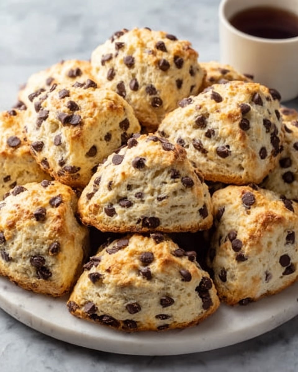 A large white ceramic plate filled with an entire batch of freshly baked chocolate chip scones, each golden-browned and generously studded with dark chocolate chips, arranged in a circular pattern showcasing their fluffy, crumbly texture. The scones gleam slightly under natural lighting, resting on a white marble surface, styled like a hero shot in a food magazine. Photo taken with an iphone --ar 4:5 --v 7