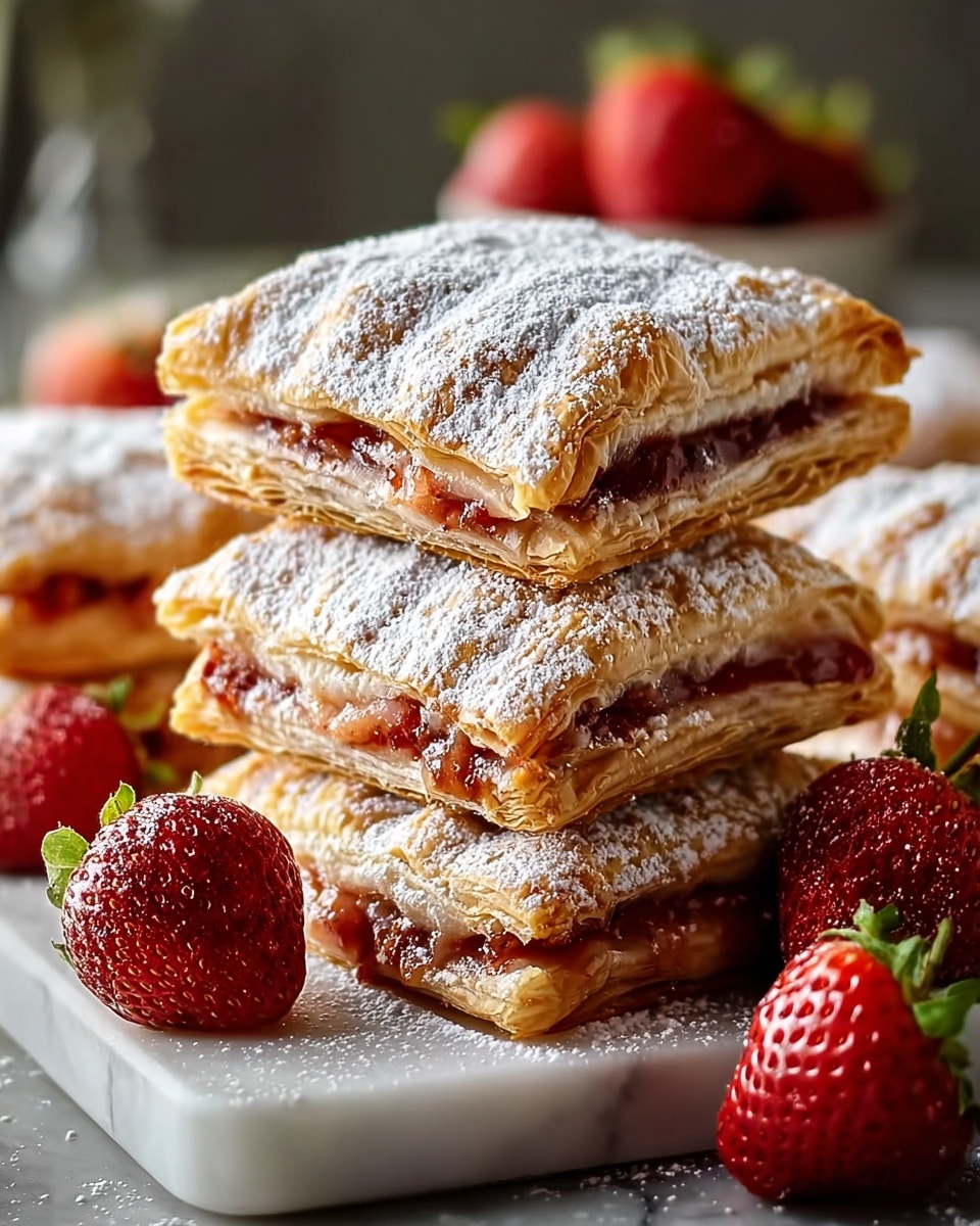 White rectangular serving platter filled with a neat stack of whole, flaky strawberry-filled pastries dusted generously with powdered sugar, surrounded by whole fresh strawberries for garnish, photographed from a 3/4 angle on a white marble countertop with natural lighting, professional food magazine style hero shot, photo taken with an iphone --ar 4:5 --v 7