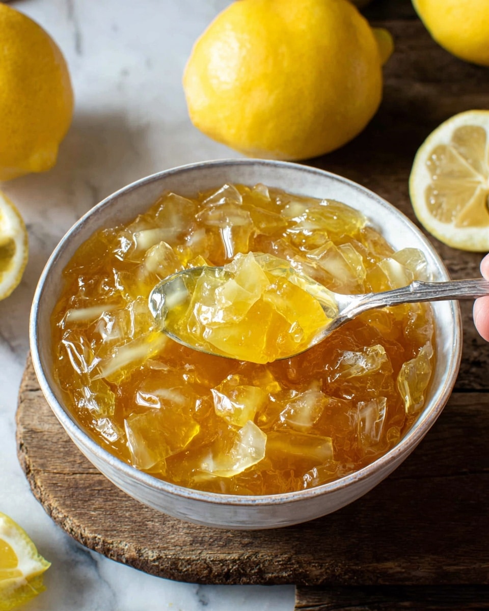 A large white bowl filled with vibrant homemade lemon marmalade showcasing translucent chunks of lemon peel suspended in glossy golden syrup, surrounded by several whole fresh lemons on a rustic wooden surface with a white marble background, natural lighting highlighting the glossy texture, professional food magazine style photo taken from a 3/4 angle showing the entire bowl in frame, photo taken with an iphone --ar 4:5 --v 7