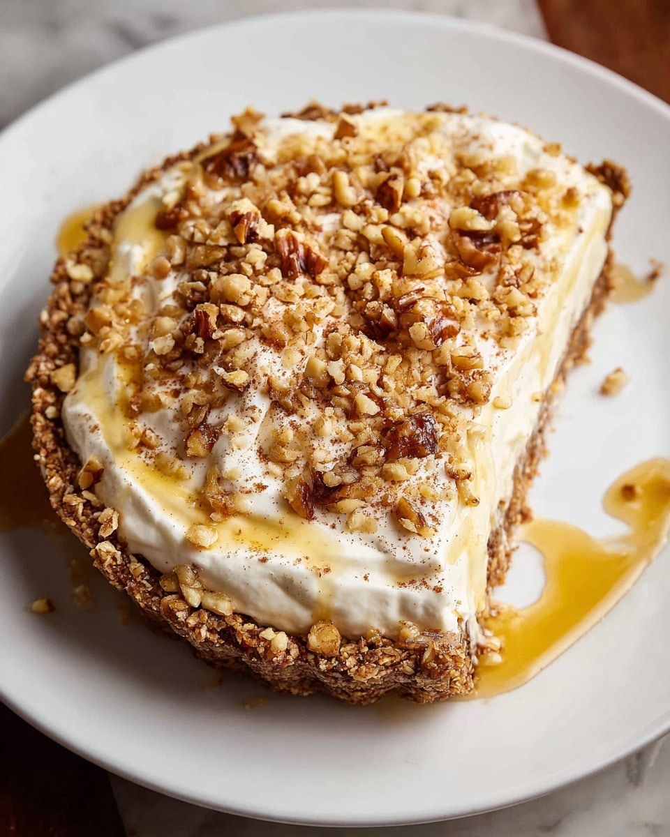 Whole cream pie on a large white plate, topped generously with a layer of whipped cream, sprinkled with cinnamon and chopped walnuts, with a drizzle of honey glistening over the top and around the base, perfectly round and uncut, showcasing the textured oat crust and creamy filling beneath the toppings, styled on a white marble surface with natural lighting, professional food magazine hero shot photo taken with an iphone --ar 4:5 --v 7