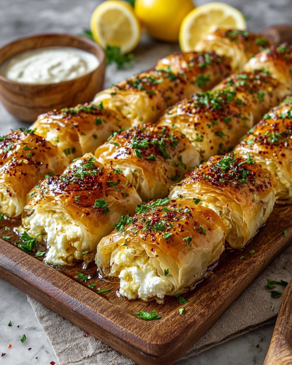 A large wooden baking tray filled with a whole batch of golden, flaky filo pastry rolls stuffed generously with creamy ricotta cheese, all brushed with a glossy honey glaze and sprinkled abundantly with chopped fresh parsley and crushed red pepper flakes, arranged in neat rows to show the entire batch, with a small bowl of creamy white dipping sauce and fresh lemons in the soft-focused background, photographed from a 3/4 angle on a white marble countertop with natural lighting, professional food styling photo taken with an iphone --ar 4:5 --v 7