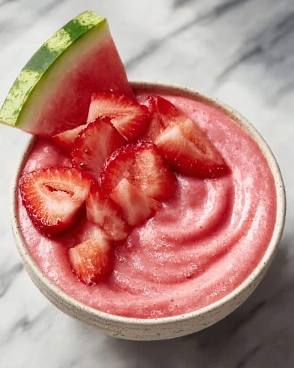 A large white bowl filled with creamy, vibrant pink strawberry smoothie adorned with a generous swirl of blended strawberries throughout, topped with multiple fresh strawberry slices and a large wedge of juicy watermelon elegantly placed on the rim. The entire bowl presented on a white marble surface under natural lighting, capturing the refreshing and wholesome essence of the full smoothie serving, professional food styling photo taken with an iphone --ar 4:5 --v 7