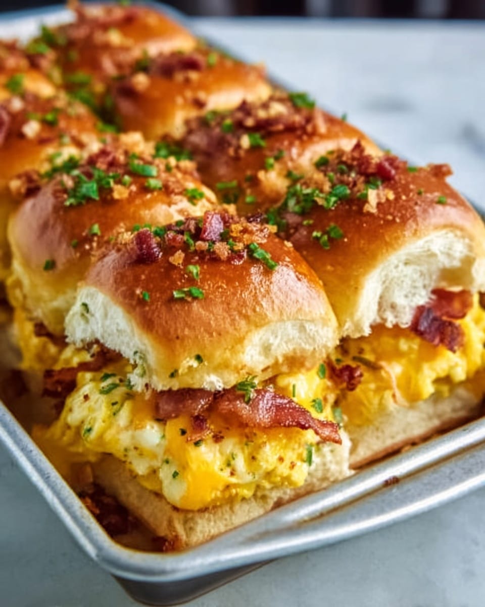 A large rectangular white baking dish filled with a full batch of cheesy bacon egg sliders, featuring fluffy scrambled eggs, melted cheddar cheese, and crispy bacon layered generously on soft golden slider buns, perfectly baked to a shiny golden top sprinkled with finely chopped herbs and crispy bacon bits, presented on a white marble surface with natural lighting highlighting the textures, shot from a 3/4 angle to capture the entire impressive dish, professional food magazine style photo taken with an iphone --ar 4:5 --v 7