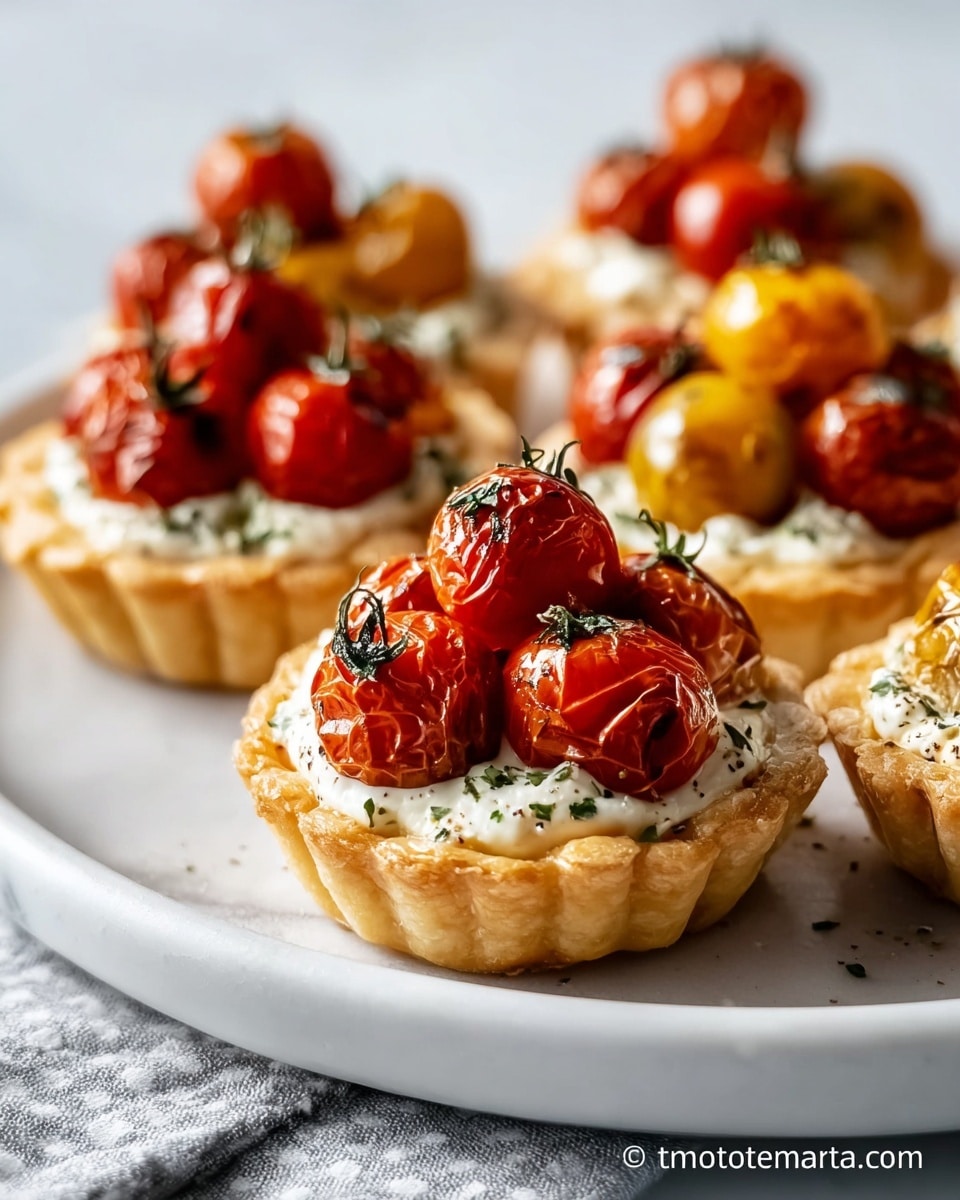 A large white ceramic serving platter displaying an array of whole savory tartlets filled with creamy cheese and topped with whole, roasted cherry tomatoes glistening under natural light, each tartlet perfectly golden with crisp edges and sprinkled with fresh herbs, photographed at a professional 3/4 angle on a white marble countertop, styled to highlight the vibrant colors and textures, like a hero shot from a food magazine, photo taken with an iphone --ar 4:5 --v 7