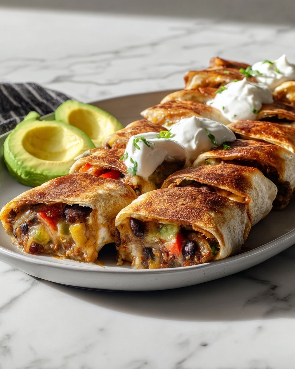 Large white platter displaying a full batch of freshly toasted burritos lined up neatly, each burrito generously stuffed with black beans, diced zucchini, red bell peppers, melted cheese, and savory sauce, showcasing their golden, crispy exterior and vibrant filling peeking through the edges, accompanied by slices of fresh avocado and dollops of creamy sour cream on the side, whole dish captured at a professional 3/4 angle on a white marble countertop with natural lighting, styled like a hero shot from a food magazine, photo taken with an iphone --ar 4:5 --v 7