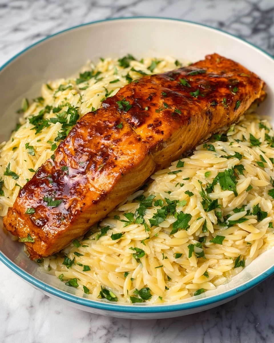 Large white shallow bowl filled with creamy orzo pasta with fresh chopped parsley evenly mixed throughout, topped with a full large glazed salmon fillet showcasing a rich, caramelized golden-brown exterior, whole dish photographed at a 3/4 angle on white marble countertop with natural lighting, professional food magazine hero shot photo taken with an iphone --ar 4:5 --v 7