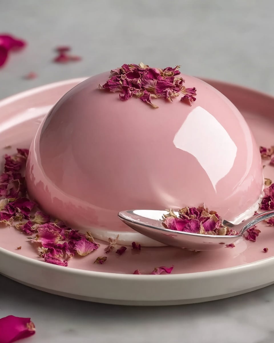 A whole, smooth, glossy pink mirror-glazed mousse cake presented on a large white plate, adorned with scattered dried rose petals on top and around the base, showcasing an elegant dome shape with flawless shiny finish, captured from a close 3/4 angle on a white marble countertop with natural lighting, styled as a hero shot in a food magazine, photo taken with an iphone --ar 4:5 --v 7