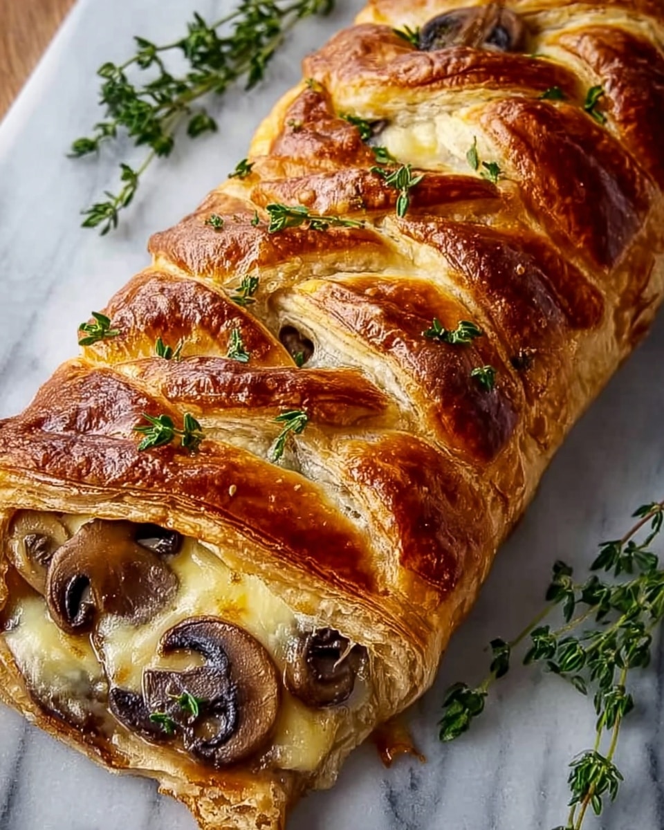 Whole golden braided puff pastry filled with sautéed mushrooms and melted cheese, glistening with a perfectly baked crust and artfully arranged on a white marble countertop, garnished with fresh sprigs of thyme, photographed from a 3/4 angle with natural lighting, professional food styling photo taken with an iphone --ar 4:5 --v 7