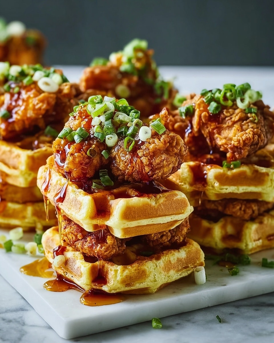 White rectangular serving platter fully arranged with multiple crispy fried chicken and golden waffles stacks, each topped with a glistening drizzle of rich syrup, crunchy fried chicken pieces, and freshly chopped green onions, highlighting the contrast of textures and vibrant colors, photographed from a close 3/4 angle on a pristine white marble background with natural lighting, styled as a heroic food magazine shot, photo taken with an iphone --ar 4:5 --v 7