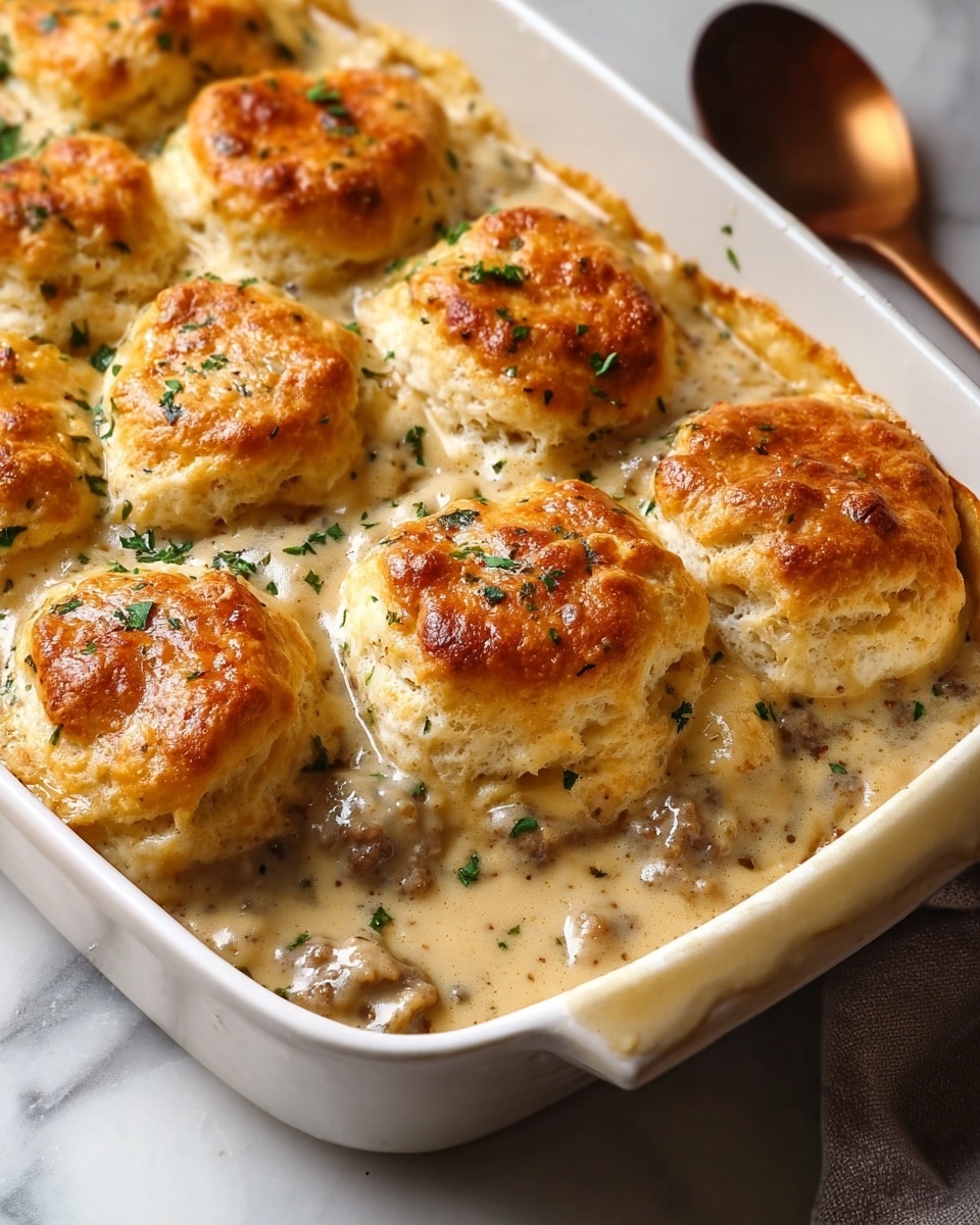 Large white rectangular baking dish filled with golden-brown biscuit-topped sausage gravy casserole, each biscuit generously risen and perfectly baked to a crisp finish, with rich creamy sausage gravy bubbling around the biscuits, sprinkled lightly with fresh green herbs, presented on a white marble countertop, professional food magazine hero shot with natural lighting, photo taken with an iphone --ar 4:5 --v 7