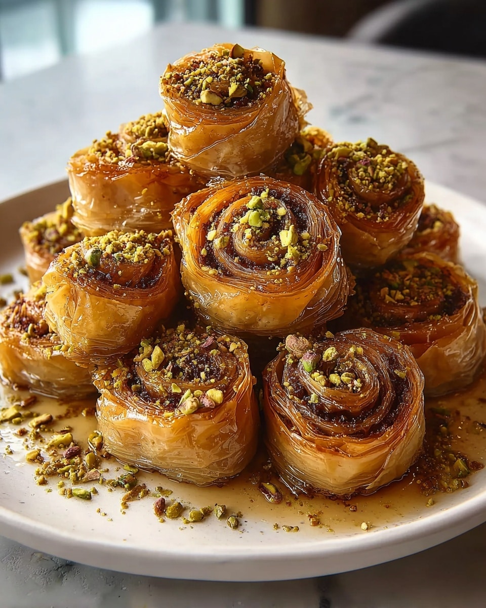 Large white serving plate piled high with golden, spiral-shaped pistachio baklava rolls, each glistening with honey syrup and generously sprinkled with crushed pistachios, showcasing their delicate layers of flaky phyllo dough wrapped around a rich nut filling, the whole dish beautifully arranged and styled on a white marble countertop under soft natural lighting, professional food magazine hero shot photo taken with an iphone --ar 4:5 --v 7