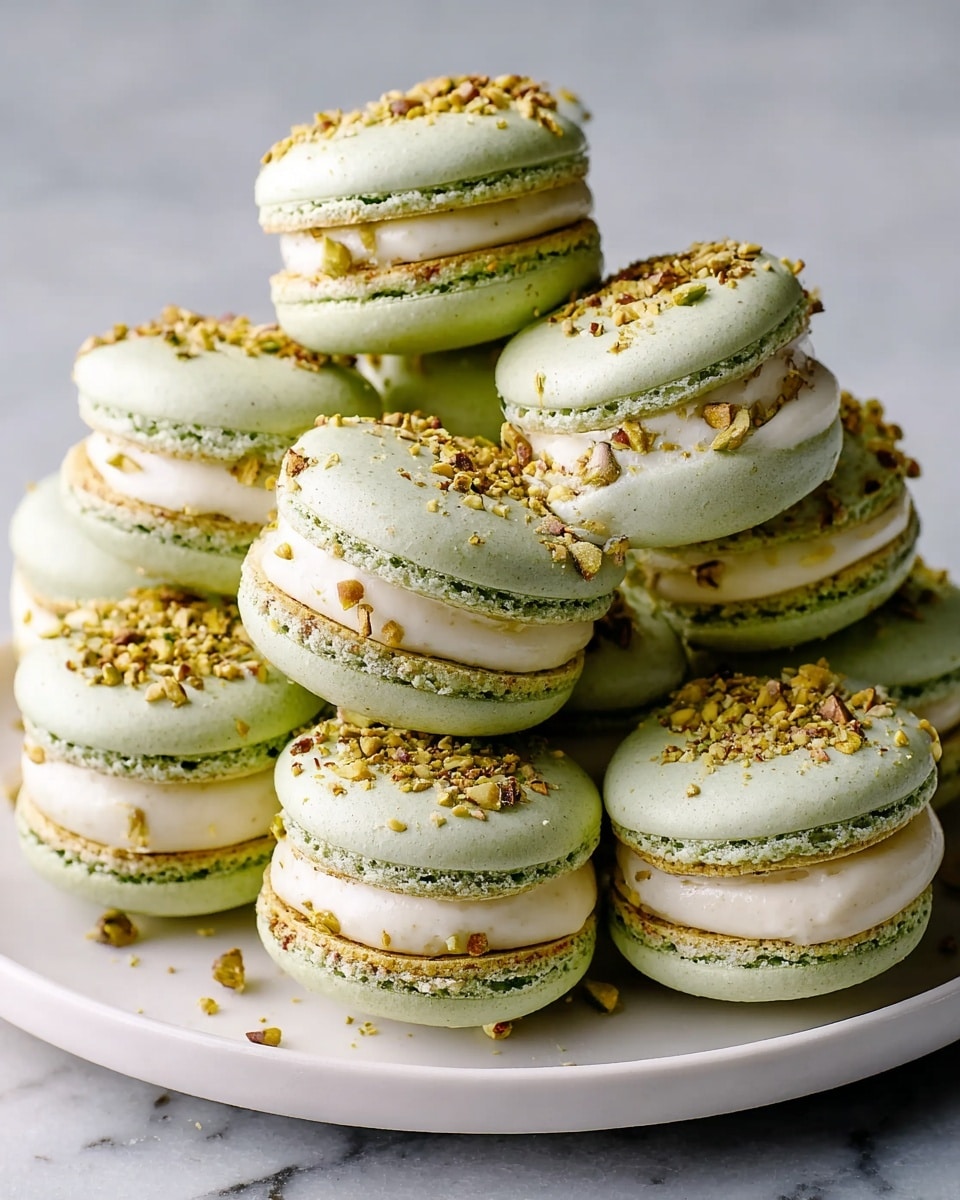 Large white round plate overflowing with a full dozen of pale green pistachio macarons, each perfectly round with smooth tops and textured crinkly edges, generously filled with creamy off-white ganache and sprinkled with crushed pistachio nuts on the edges, arranged neatly in a stacked pile, photographed in natural light from a 3/4 angle shot against a white marble background, styled for a professional food magazine hero shot, photo taken with an iphone --ar 4:5 --v 7