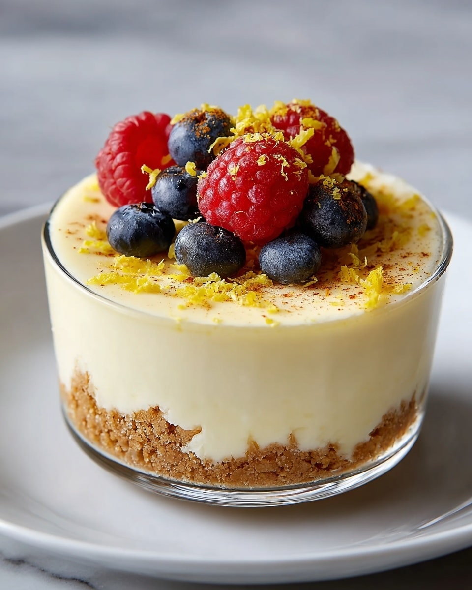 Large white ceramic dish filled with a whole classic lemon cheesecake, smooth creamy yellow surface topped evenly with fresh raspberries and blueberries, sprinkled with finely grated lemon zest and a light dusting of cinnamon sugar, the uncut dessert presented in a clean, professional food magazine style, photographed from a 3/4 angle with natural lighting on a white marble countertop, photo taken with an iphone --ar 4:5 --v 7