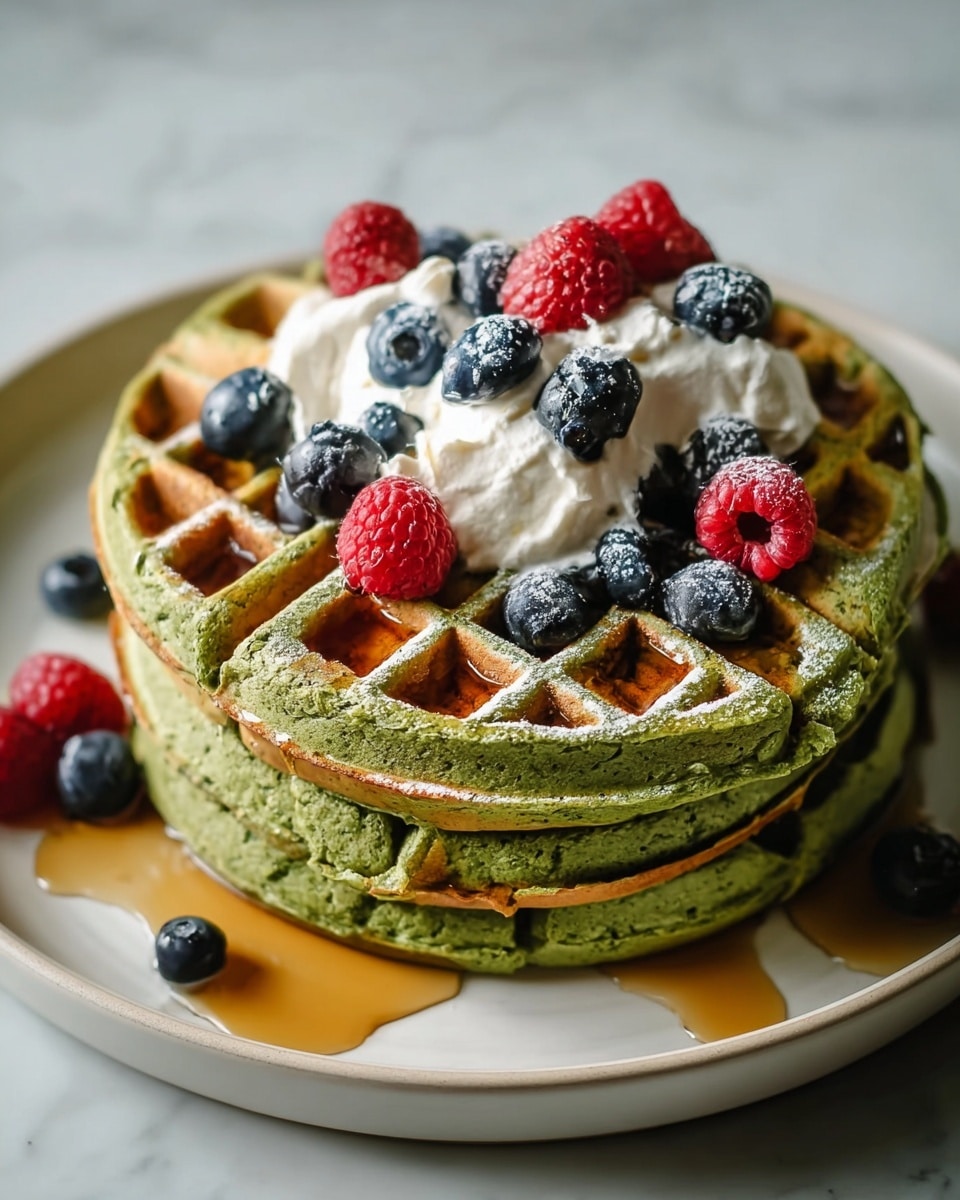 A large white plate showcasing a complete stack of four vibrant green matcha waffles, each perfectly round with defined grid patterns, topped with dollops of whipped cream and scattered fresh blueberries and raspberries, drizzled generously with amber maple syrup pooling slightly on the plate beneath, all set on a pristine white marble surface with natural soft lighting highlighting the textures, professional food styling, photographed from a 3/4 angle to capture the entire uncut dish in frame, photo taken with an iphone --ar 4:5 --v 7