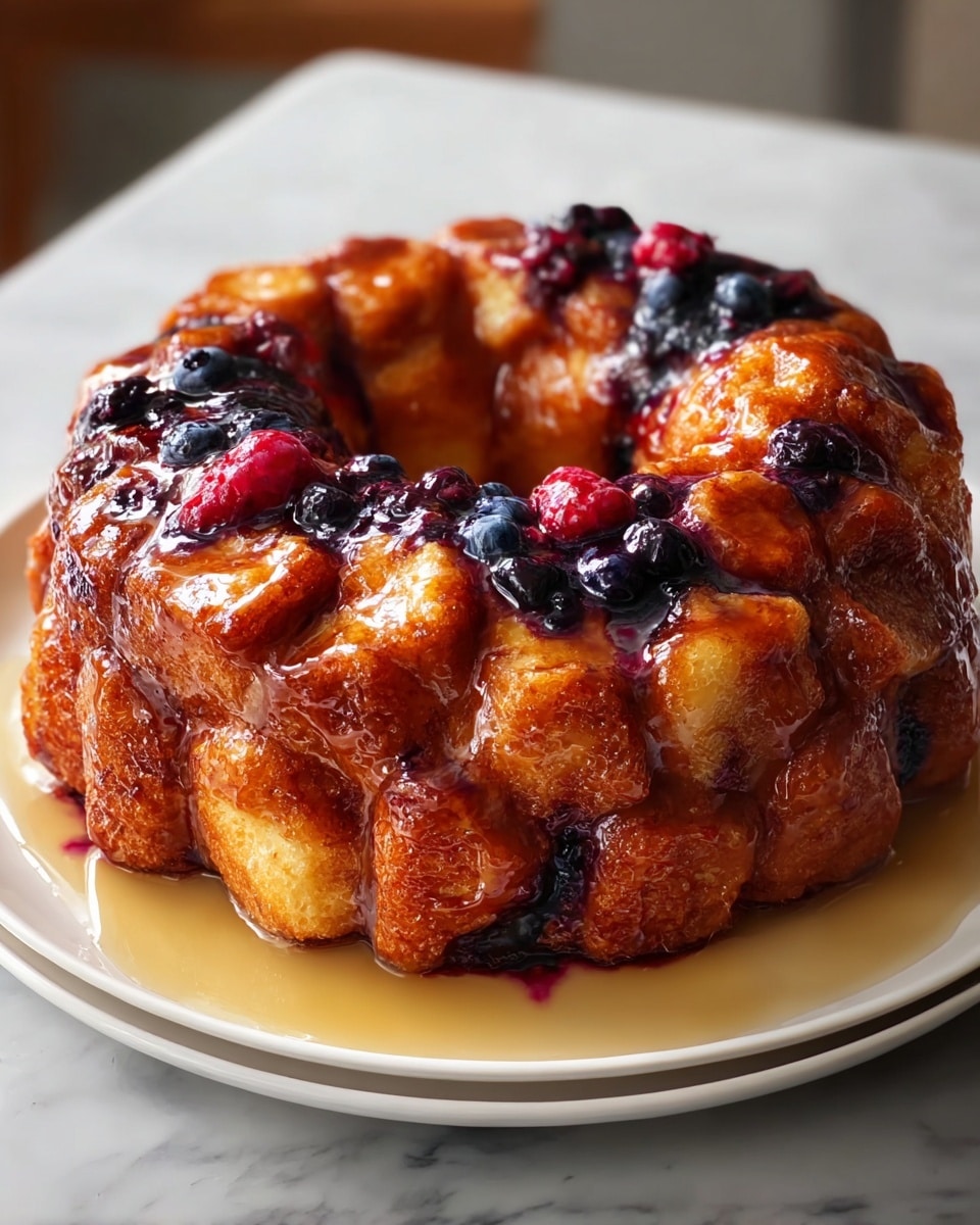 Whole monkey bread bundt cake on a large white plate, the golden-brown pull-apart pieces glistening with a rich glaze and nestled with juicy mixed berries, drizzled with smooth icing and syrup pooling slightly on the plate, the full uncut cake showcased at a 3/4 angle on a white marble countertop, illuminated by soft natural light like a professional food magazine hero shot, photo taken with an iphone --ar 4:5 --v 7